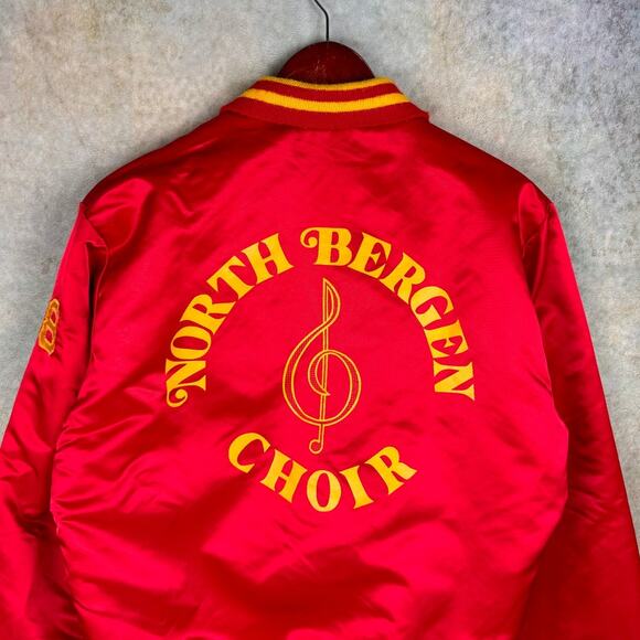 VTG 80s Satin Bomber Jacket Sz L Red Gold North Bergen Choir New Jersey Retro - Picture 4 of 8